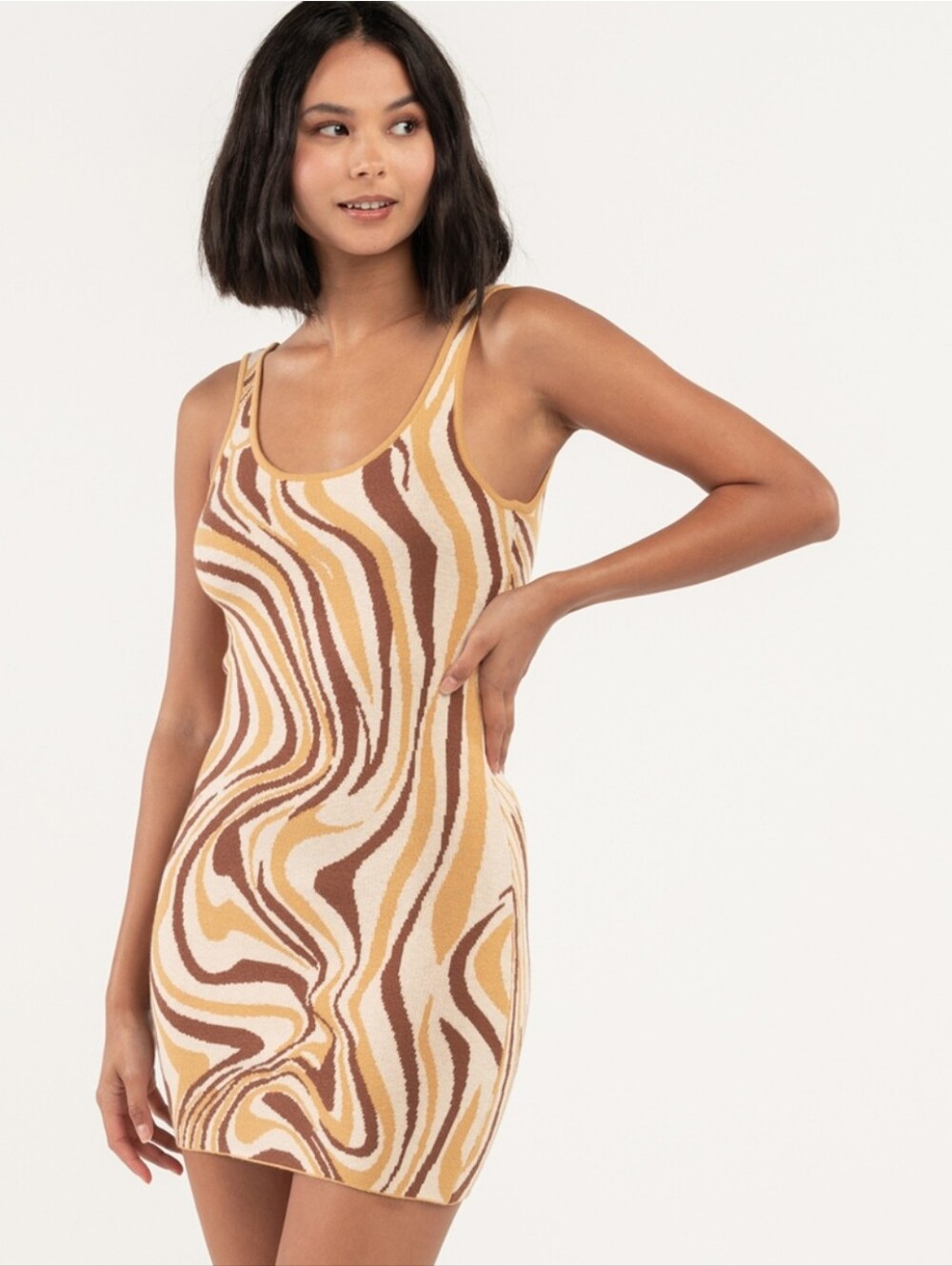 RSQ Tillys Groovy Neutral Brown Swirl Knit Bodycon Mini Tank Dress Size Medium